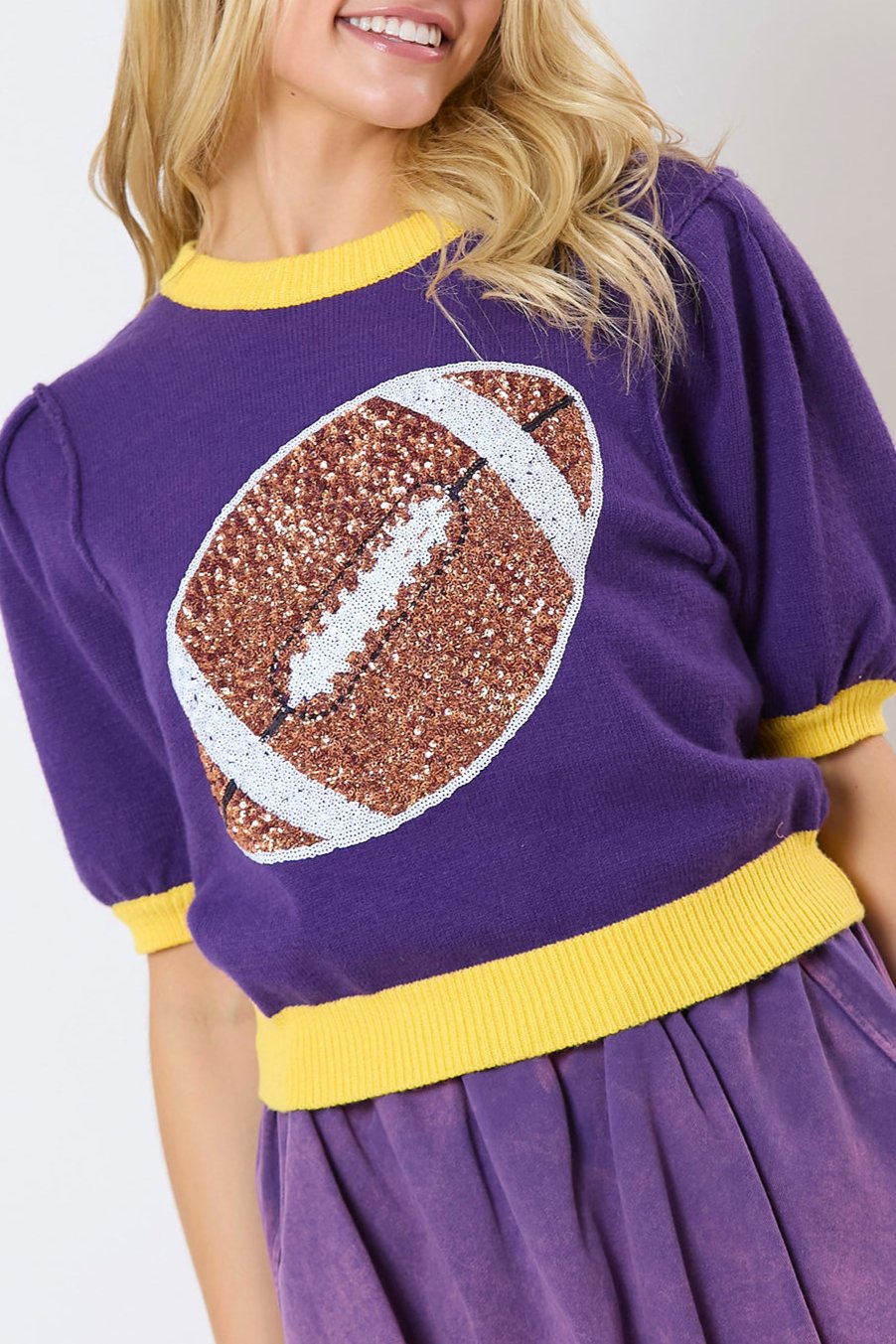 Colorblock Sequin Football Puff Sleeve Sweater