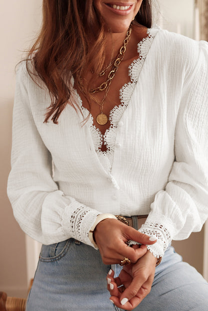 Lace Trim Deep V-Neck Blouse