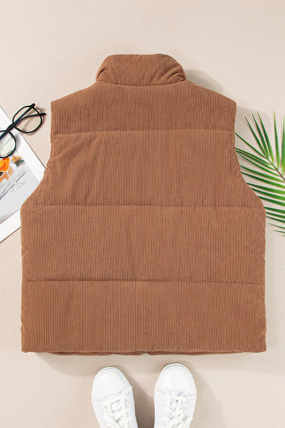 Corduroy Zip-Up Pocketed Puffer Vest