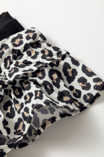 Leopard Contrast Ruffle Short Sleeve Ribbed Top