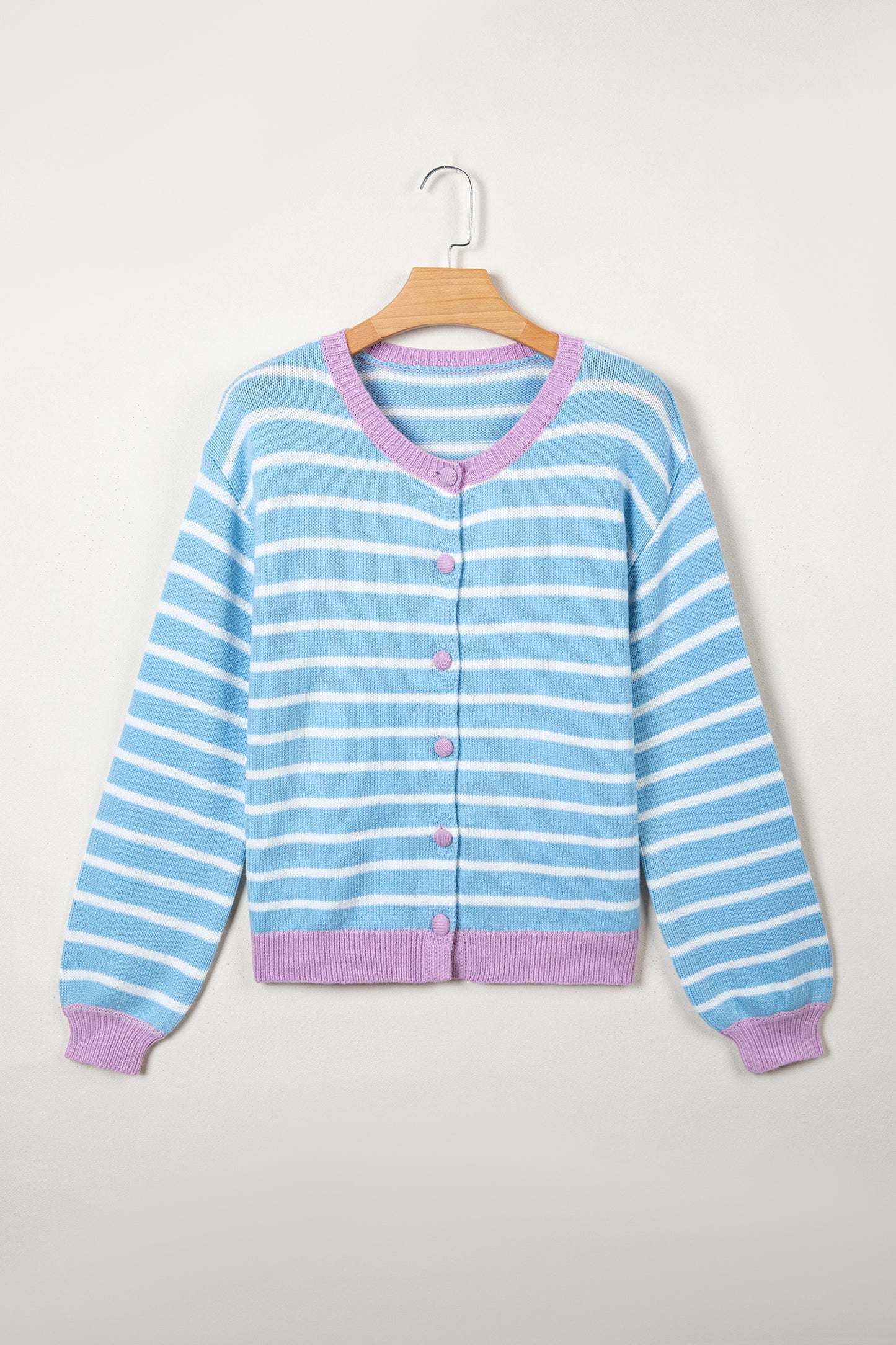 Stripe Long Sleeve Round Neck Open Front Cardigan