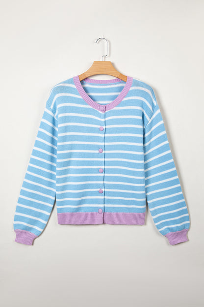 Stripe Long Sleeve Round Neck Open Front Cardigan