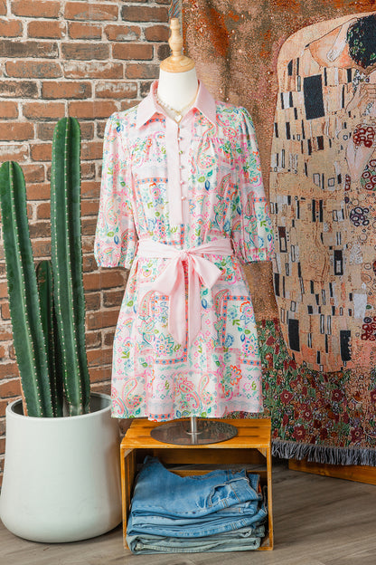 Boho Floral Colorblock 3/4 Sleeve Belted Mini Dress