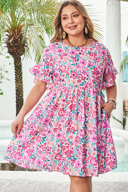 Plus Size Floral Frilled Short Sleeve Mini Dress