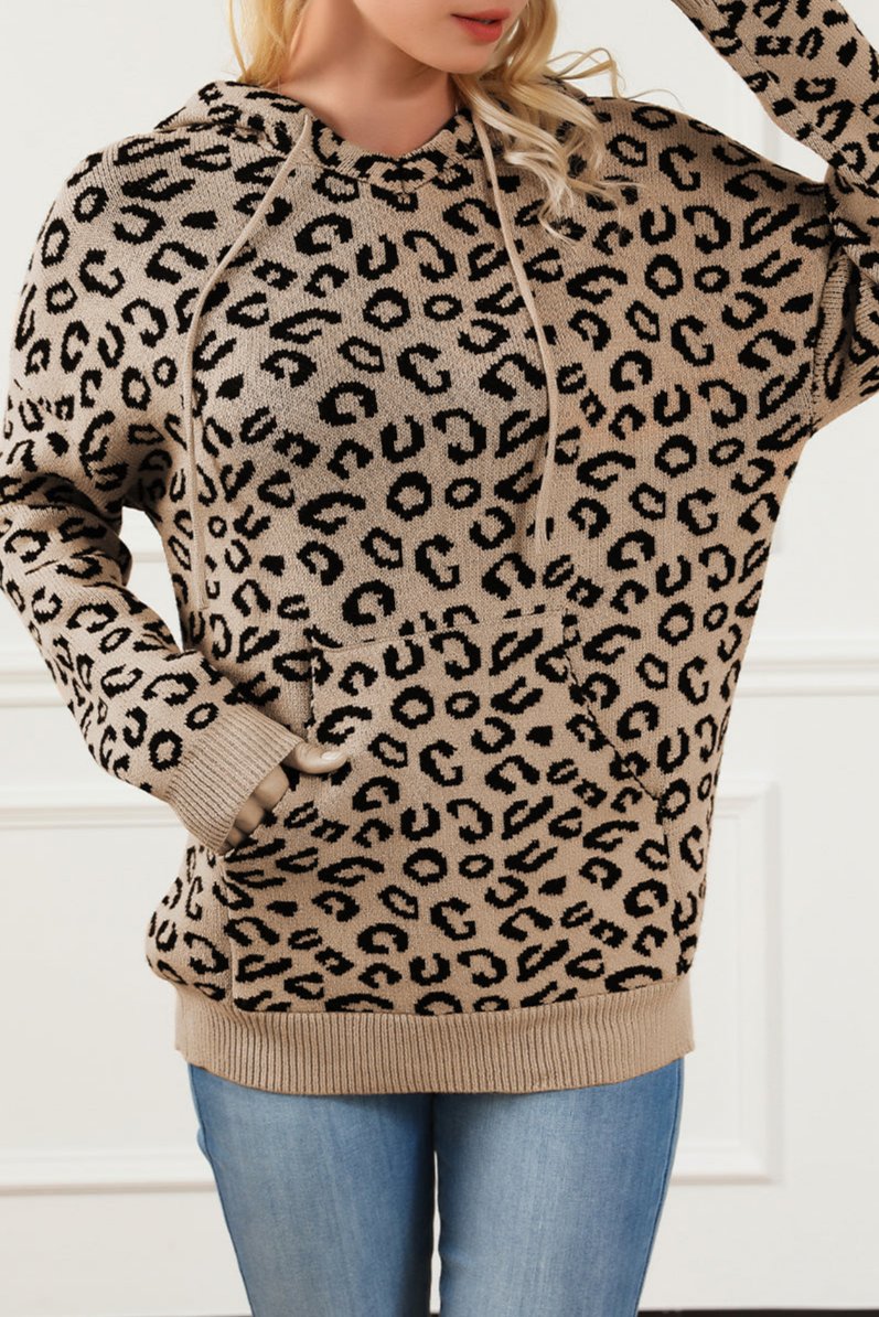 Leopard Knit Drawstring Hooded Sweater