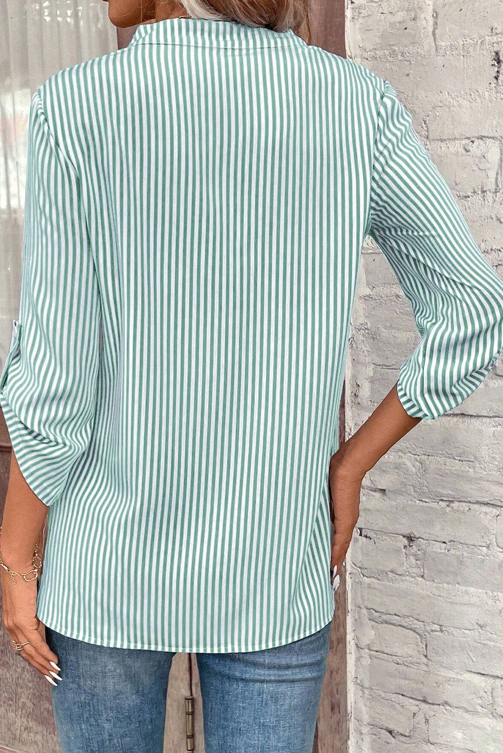 Stripe Tab Sleeve V-Neck Shirt