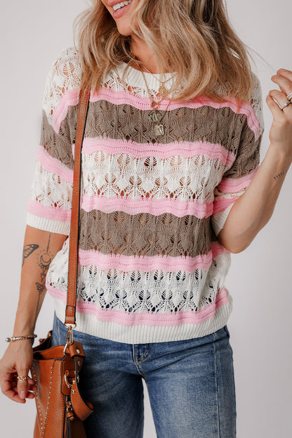 Stripe Crochet Short Sleeve Sweater