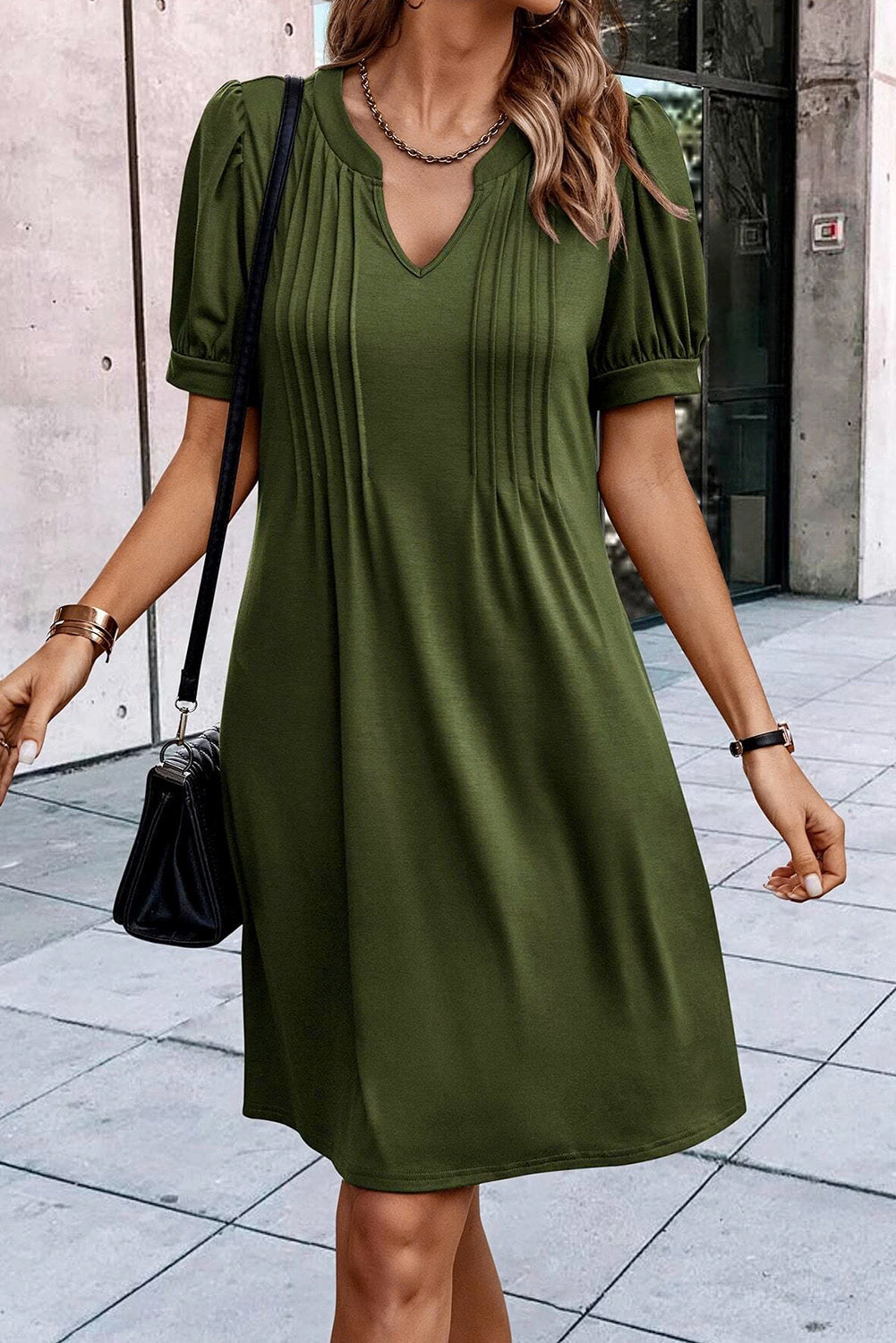 Pleated Notched Neck Shift Dress