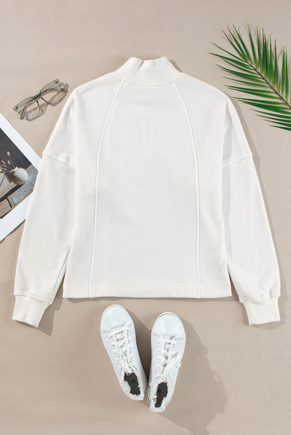 Solid Zipped Neck Drop Shoulder Sweatshirt