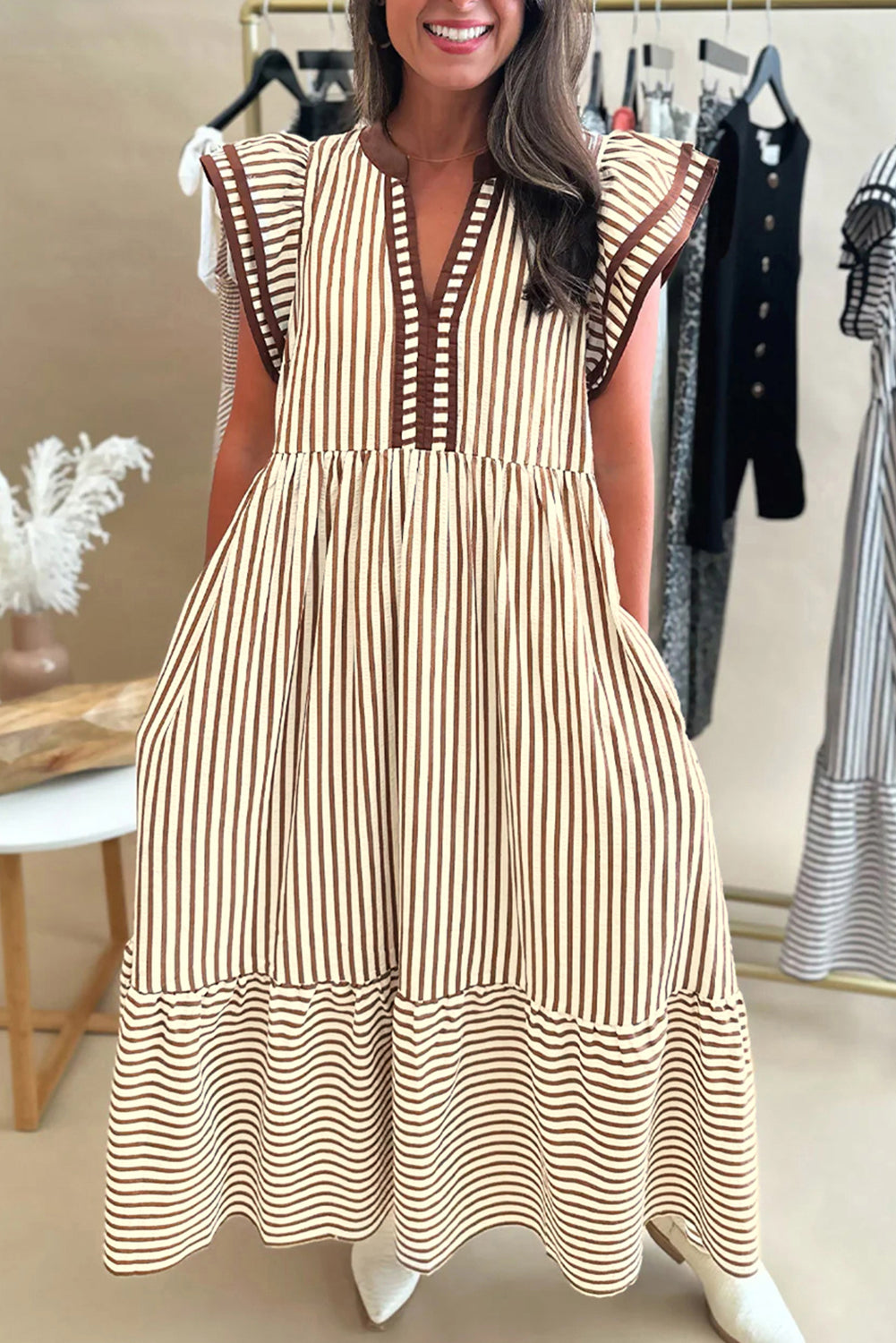 Stripe Ruffle Short Sleeve V-Neck Midi Dress