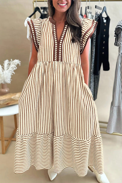 Stripe Ruffle Short Sleeve V-Neck Midi Dress