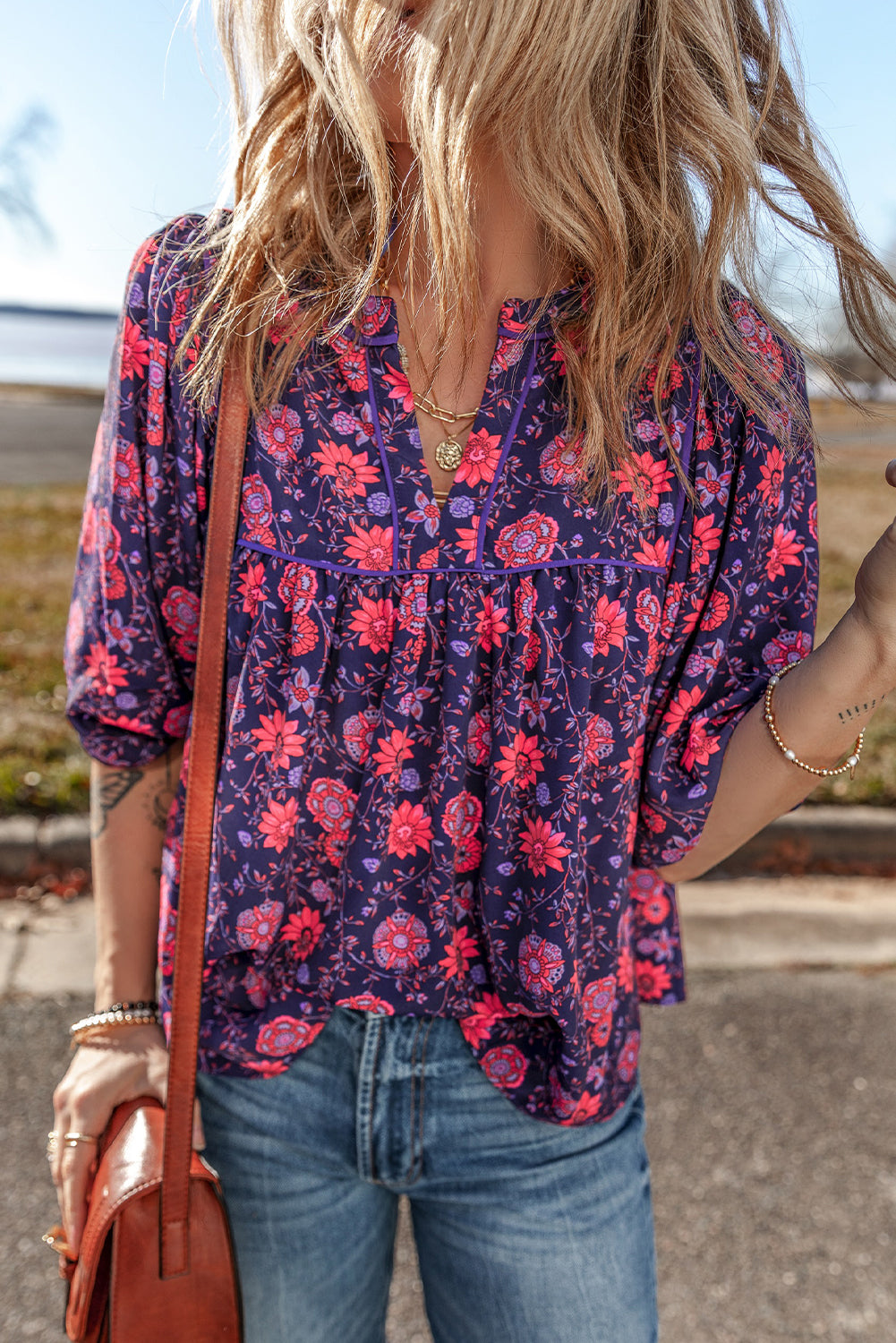 Floral 3/4 Puff Sleeve Blouse