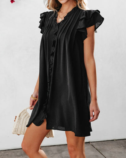 Ruffle Short Sleeve Buttoned Dress