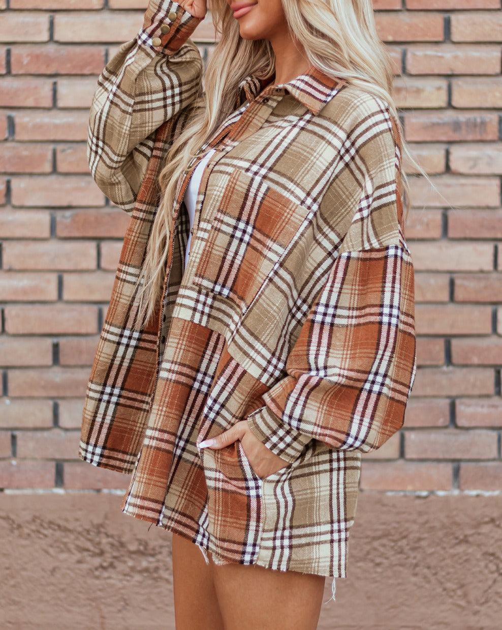 Plaid Colorblock Bishop Sleeve Shacket