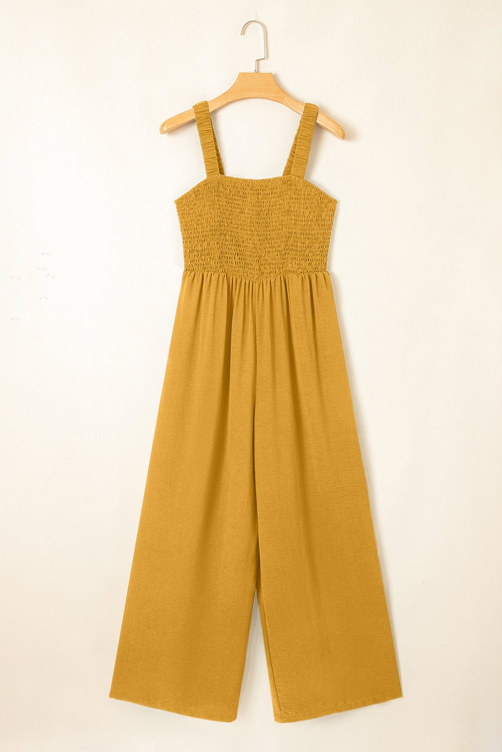 Smocked Sleeveless Wide Leg Jumpsuit with Pockets