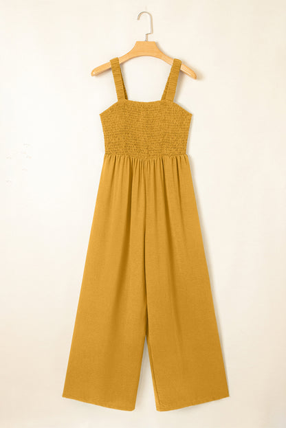 Smocked Sleeveless Wide Leg Jumpsuit with Pockets