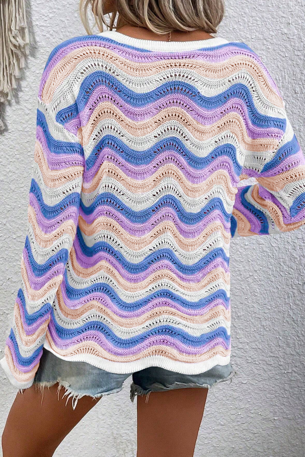 Wavy Stripe Pointelle Knit Sweater