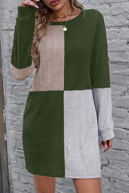 Colorblock Ribbed Long Sleeve Dress