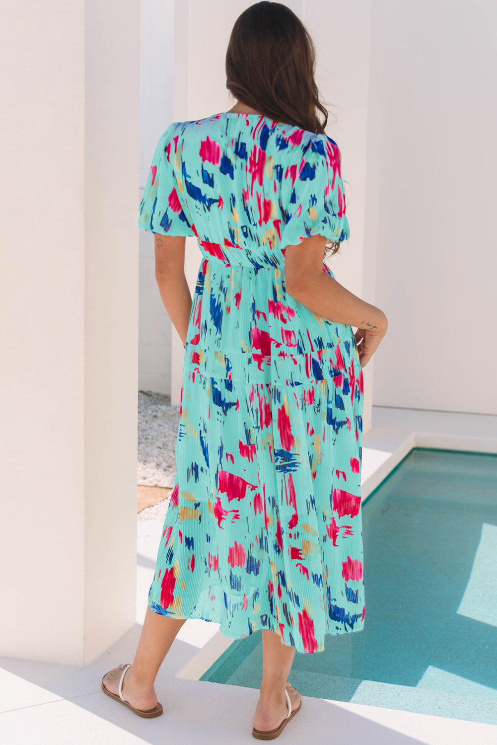 Abstract Short Puff Sleeve Tiered Maxi Dress