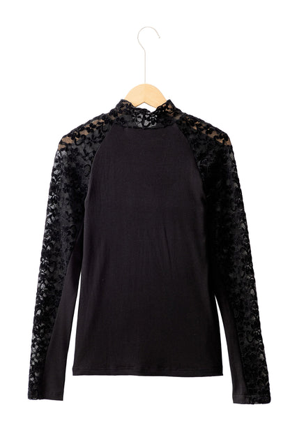 Floral Lace Patchwork Long Sleeve Mock Neck Top
