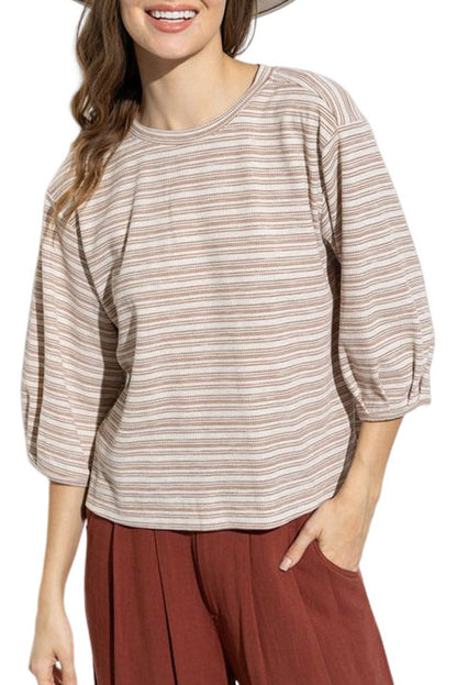 Stripe 3/4 Puff Sleeve Crewneck Top