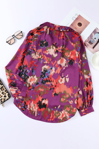 Abstract Floral Puff Sleeve Blouse