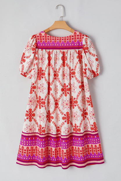Boho Floral Lace-Up V-Neck Mini Dress