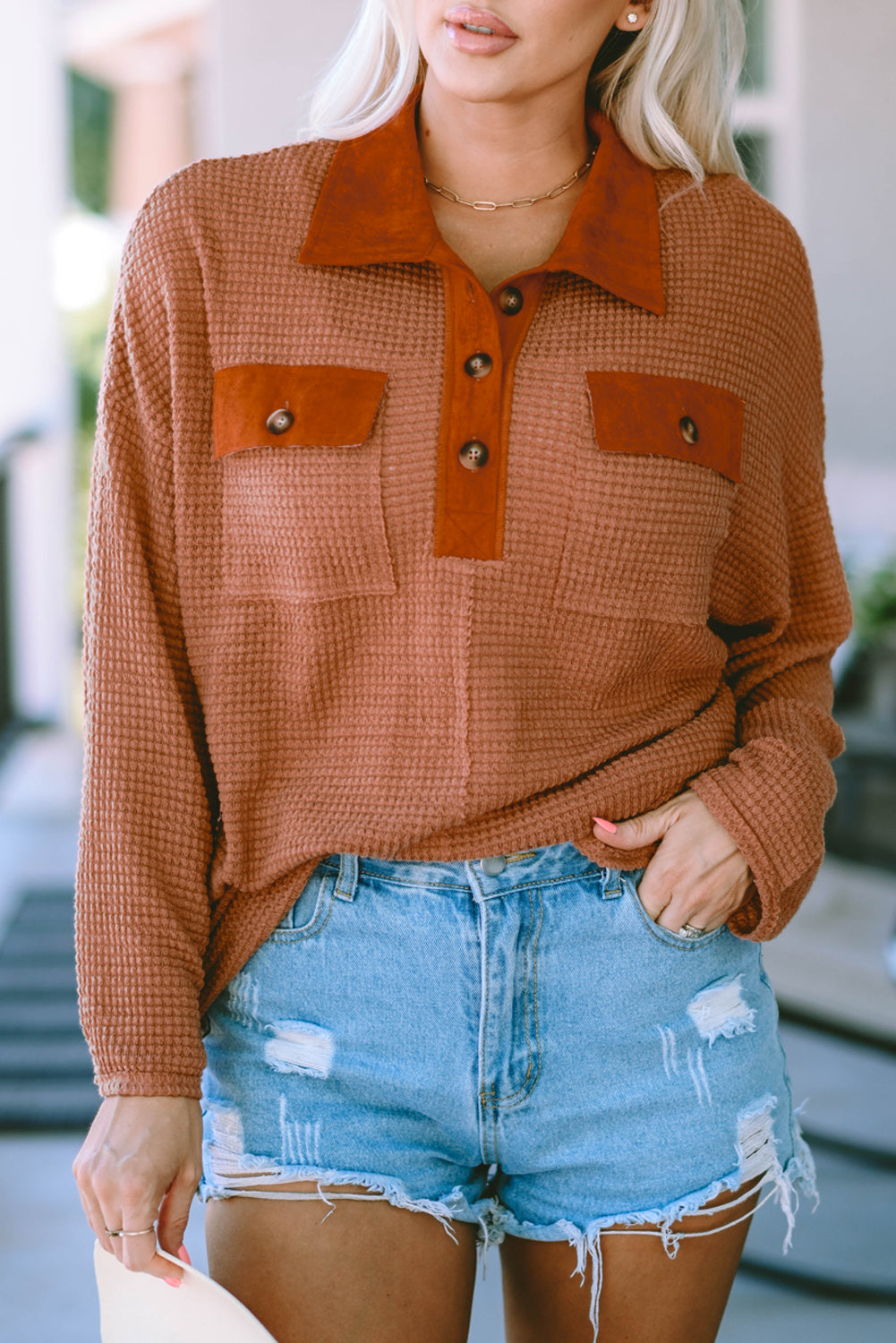 Waffle Contrast Trim Collared Top