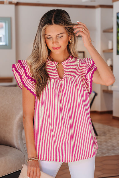 Stripe Smocked Yoke Short Sleeve Ruffle Blouse