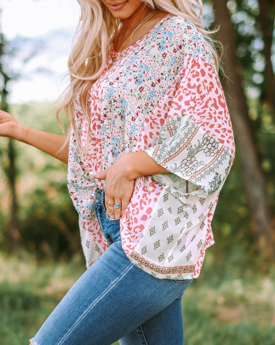 Floral Leopard Colorblock V-Neck Top