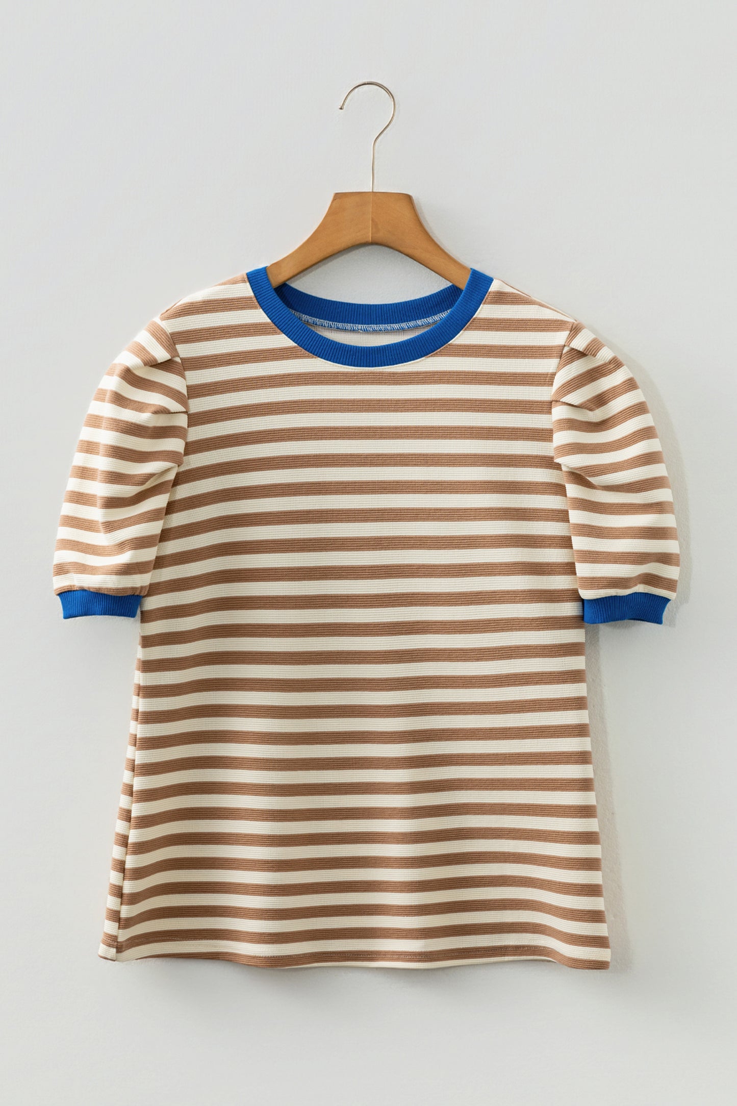 Stripe Contrast Trim Short Puff Sleeve Tee