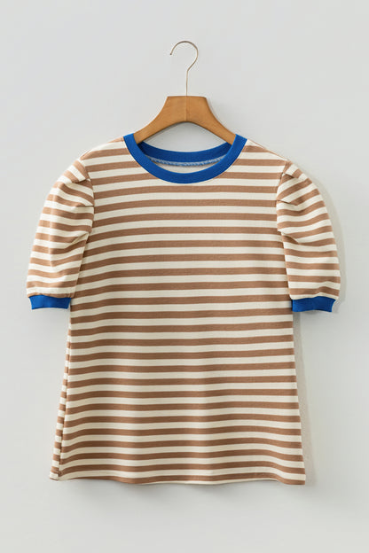 Stripe Contrast Trim Short Puff Sleeve Tee