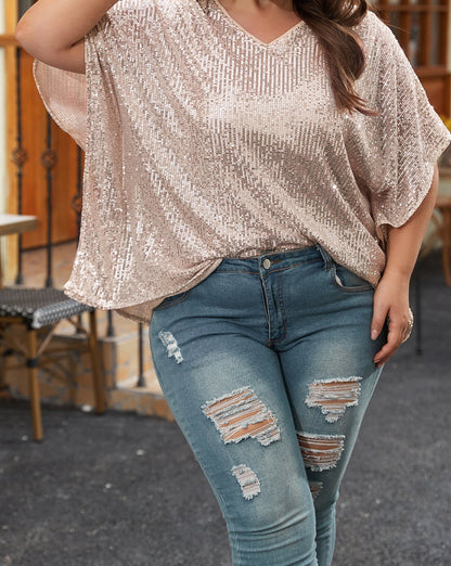 Sequin V-Neck Boxy Top Plus Size