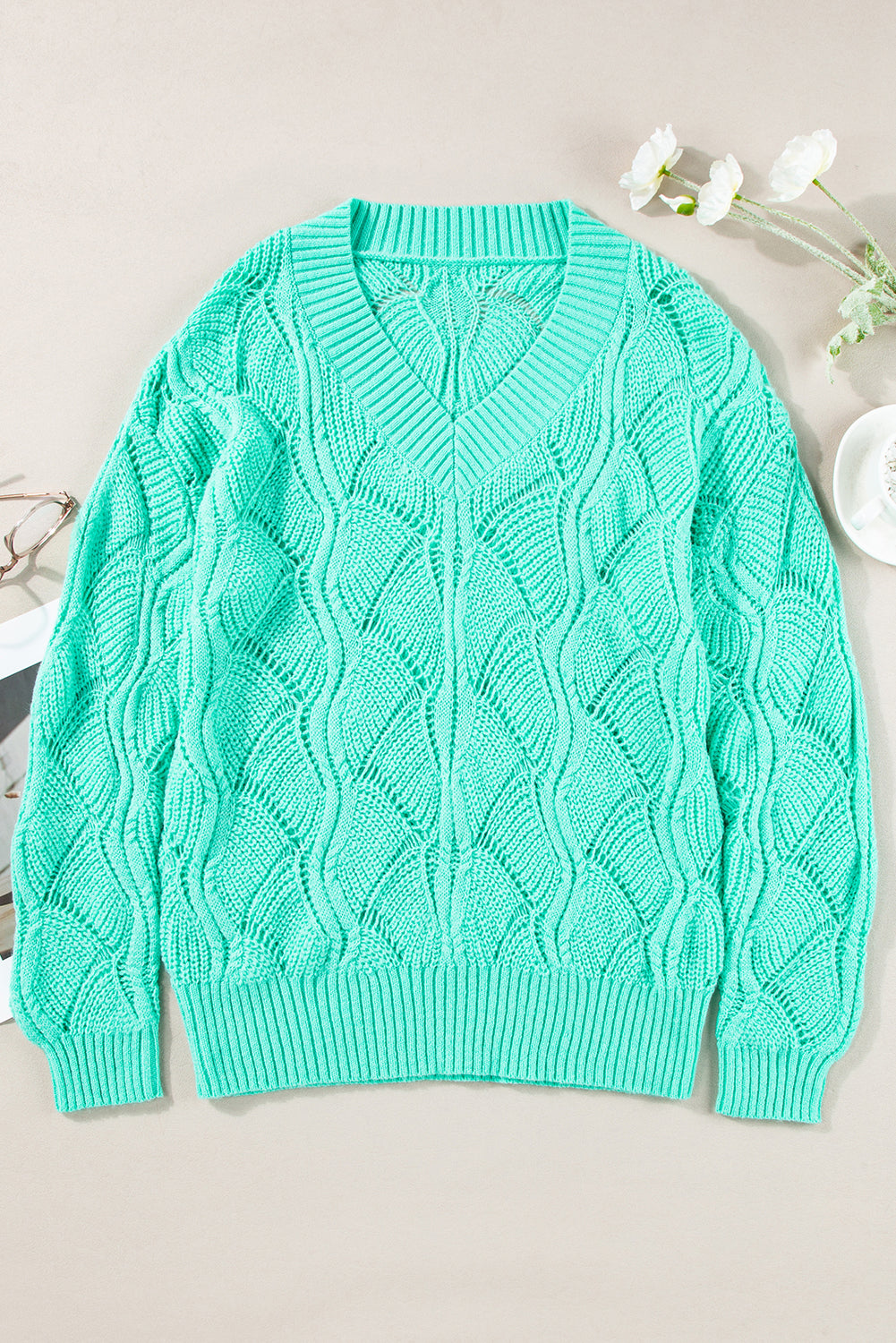 Hollowed Knit V-Neck Sweater