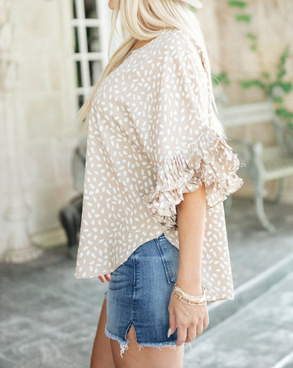 Dotted Ruffle Dolman Sleeve Blouse