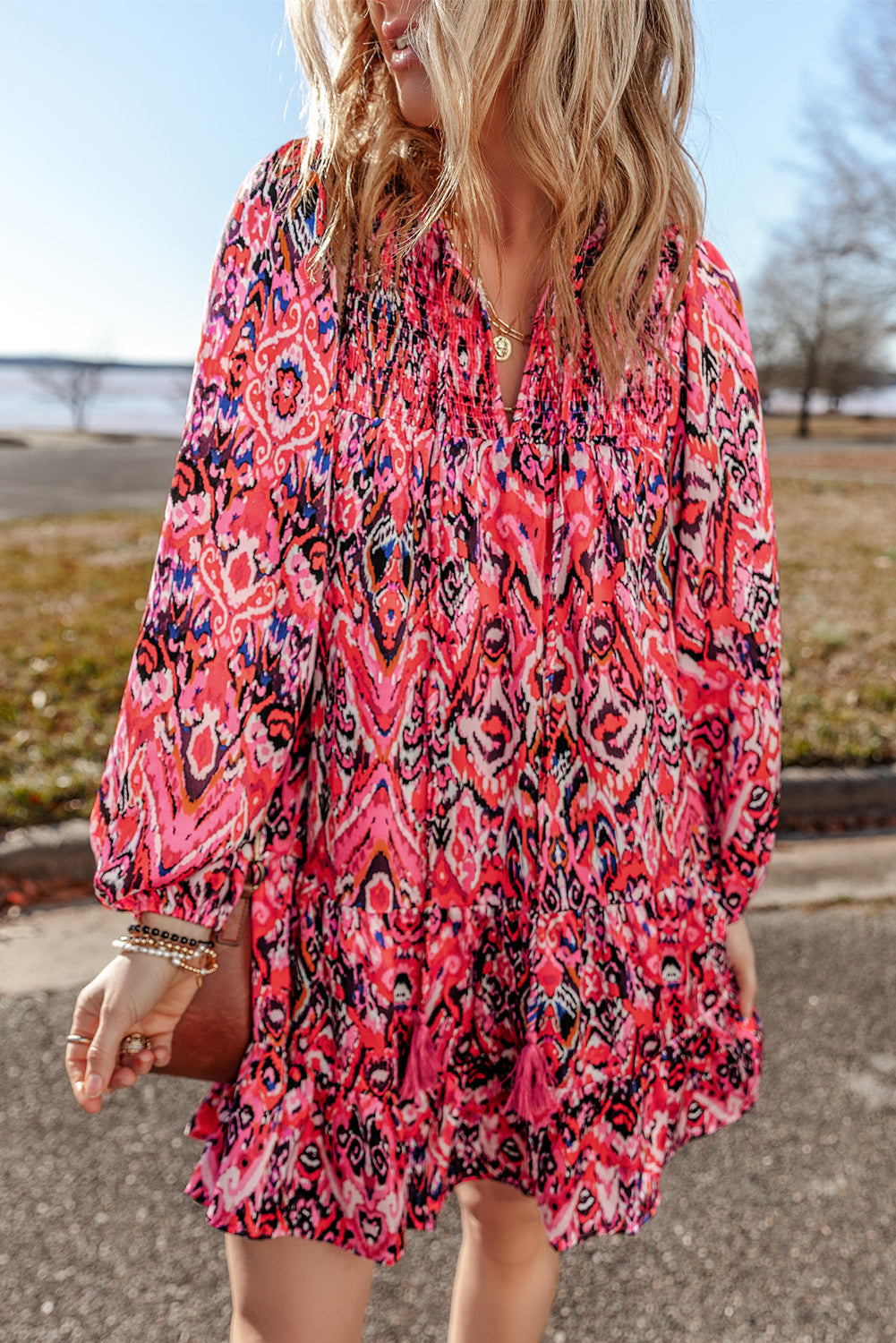 Abstract Ruffle Long Sleeve Mini Dress