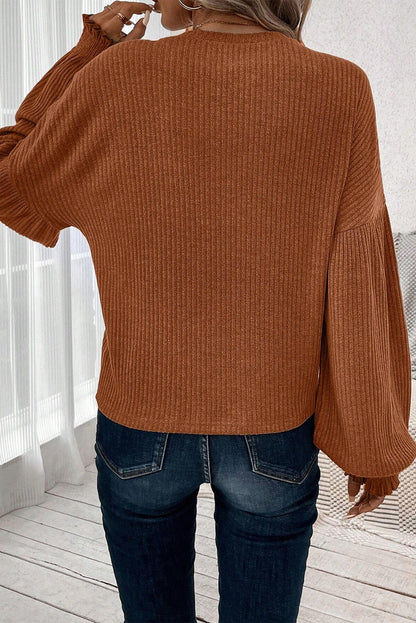 Ribbed Long Puff Sleeve Top