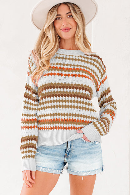 Stripe Eyelet Knit Drop Shoulder Sweater
