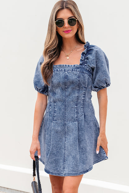 Denim Frilly Square Neck Bustier Puff Sleeve Dress
