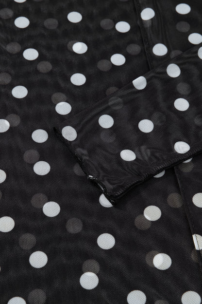 Polka Dot Mesh Mock Neck Long Sleeve Top