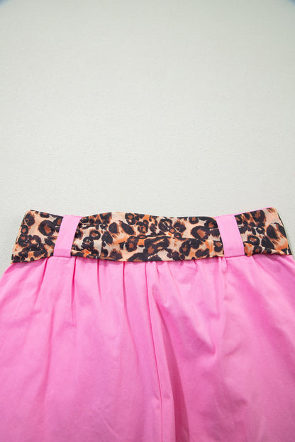 Leopard Contrast Belt Pleated Wide Leg Shorts