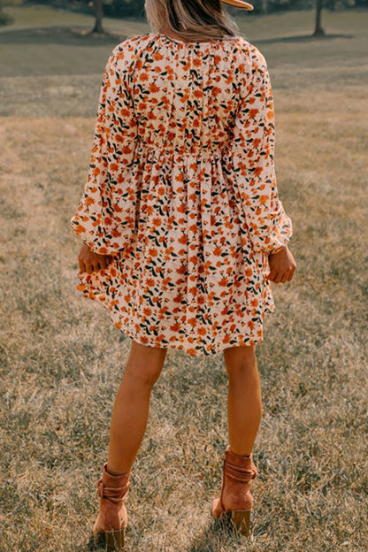 Floral V-Neck Bubble Sleeve Dress