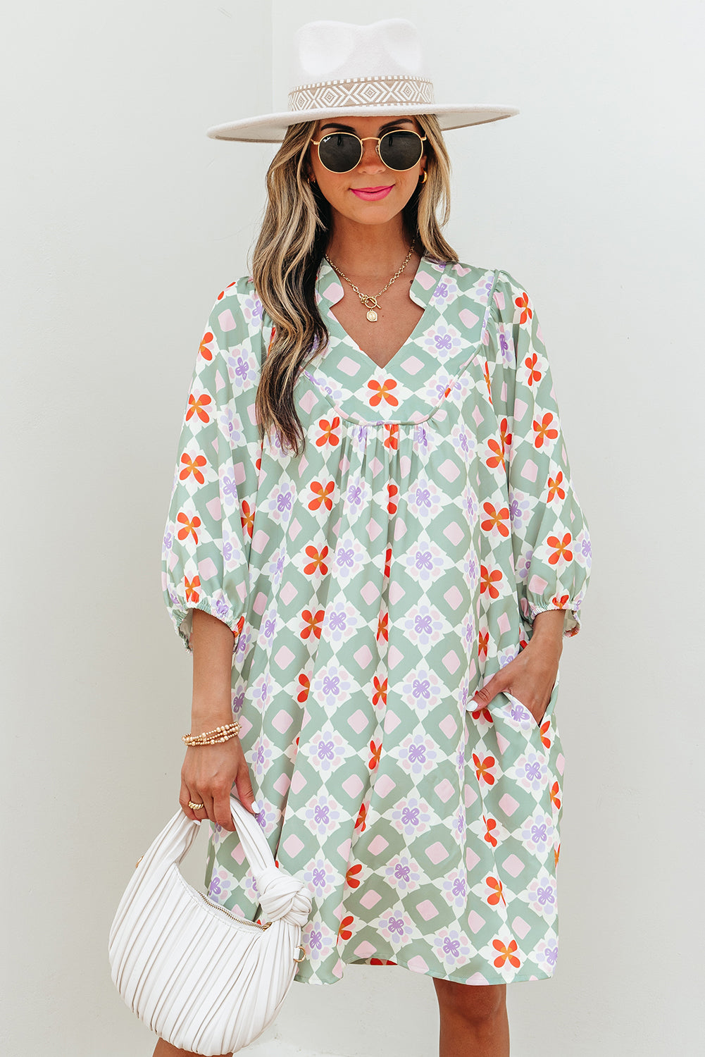 Geometric Floral 3/4 Sleeve Notched Neck Mini Dress