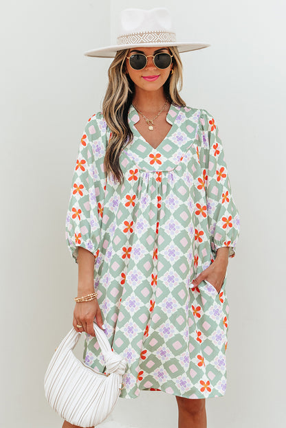 Geometric Floral 3/4 Sleeve Notched Neck Mini Dress