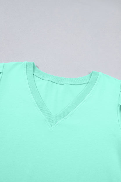 Solid V-Neck Short Puff Sleeve Blouse