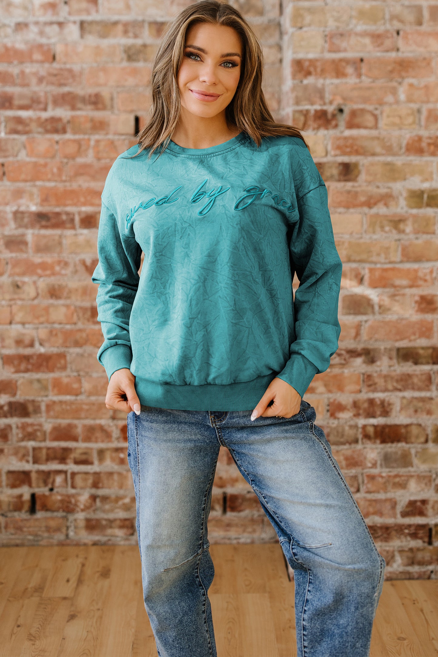 Saved by Grace Embroidered Mineral Wash Loose Sweatshirt