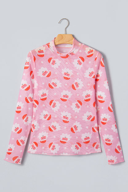 Christmas Santa Mesh Mock Neck Long Sleeve Top
