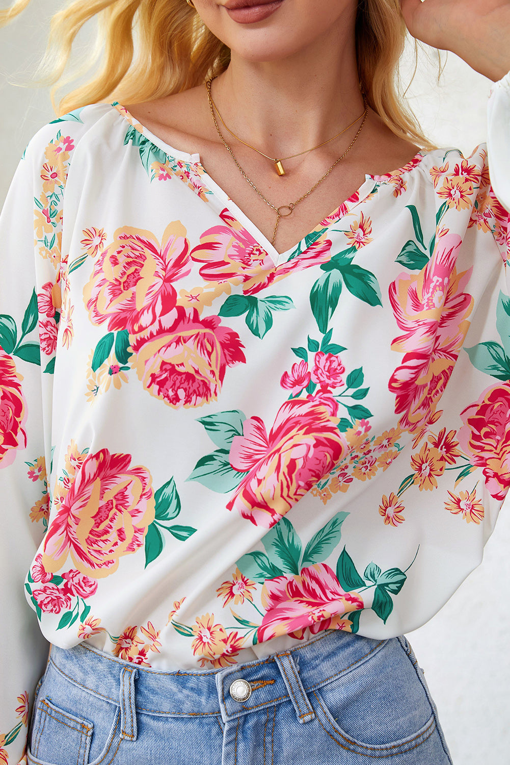 Floral Pleated Notch V-Neck Blouse