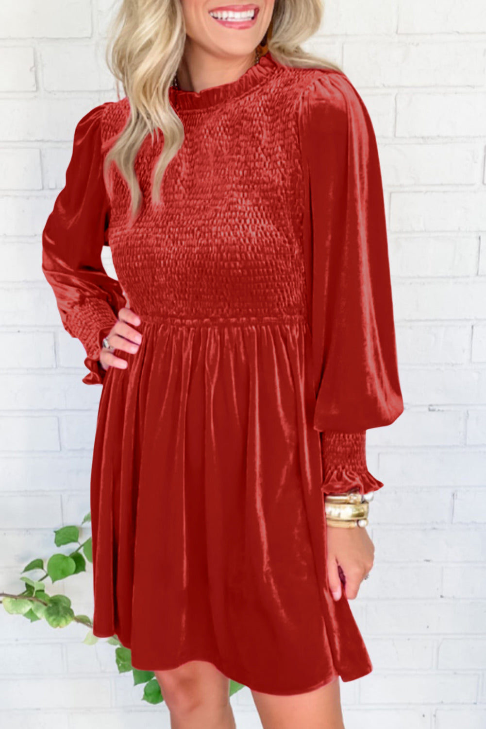 Velvet Smocked Puff Sleeve Dress