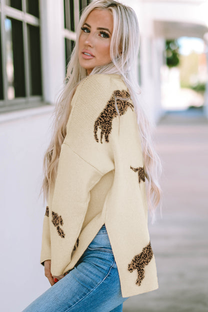 Cheetah Mock Neck Split Hem Sweater